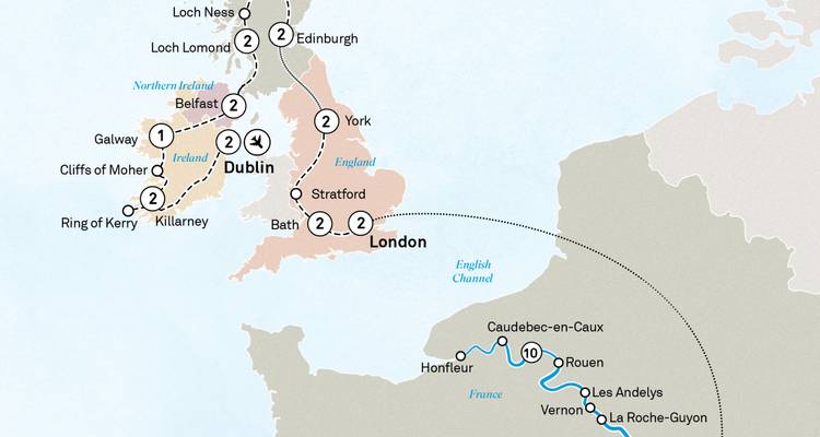 Carte d'itinéraire montrant les routes à travers la Grande-Bretagne, l'Irlande et le nord de la France, incluant Dublin et Londres.