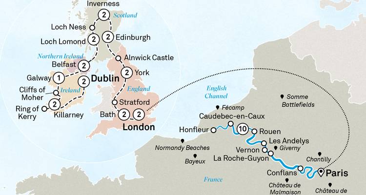 Grande carte illustrant un circuit combiné des îles britanniques et du nord de la France avec les étapes de voyage marquées and les escales urbaines indiquées.