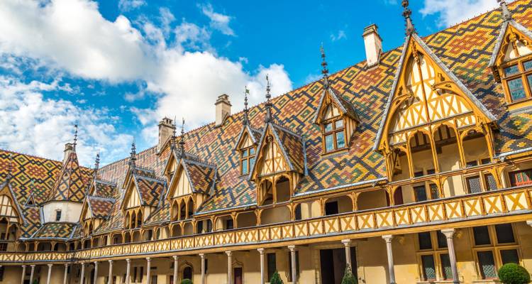 Close-up of the Hospices de Beaune with blue sky.