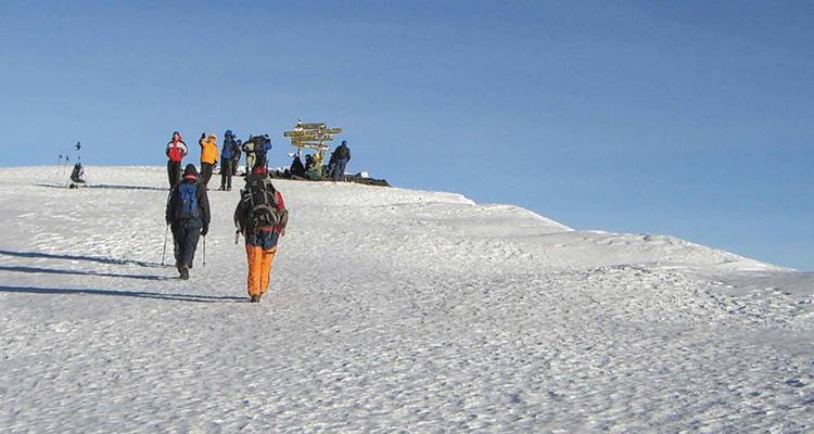 Excursionistas en un sendero cubierto de nieve en la cima del Monte Kilimanjaro.