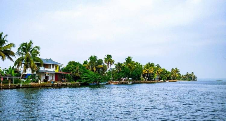 Les backwaters du Kérala avec des îles bordées de palmiers et des eaux bleues tranquilles.