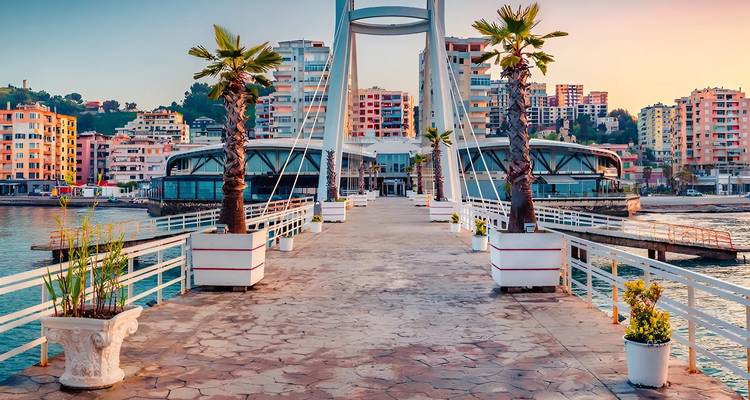 Une jetée moderne avec des palmiers et un paysage urbain en arrière-plan.