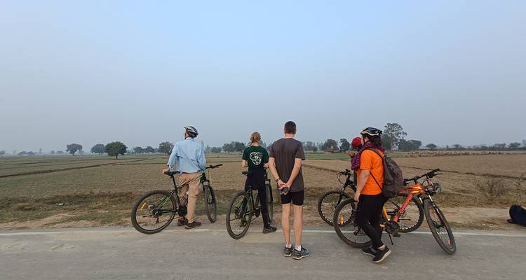 Ciclistas parados en una carretera mirando campos rurales.