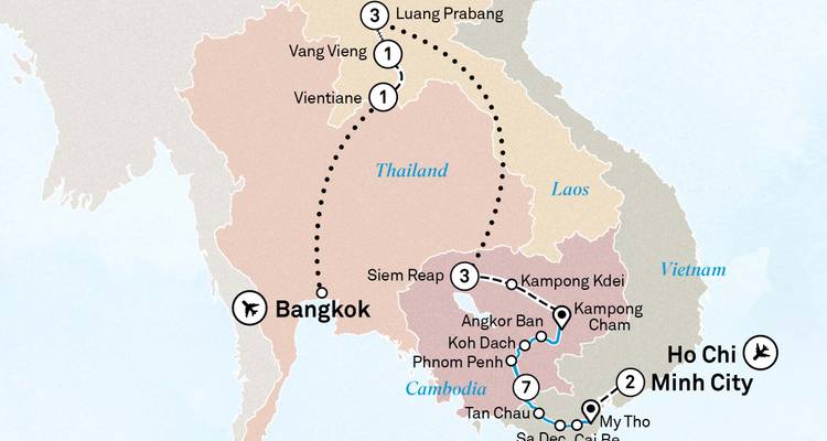 Carte d'itinéraire illustrée mettant en évidence l'itinéraire de voyage à Bangkok, au Cambodge, au Laos et au Vietnam.
