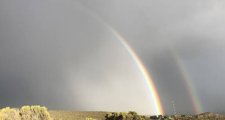 Doppelter Regenbogen über einer grasbbewachsenen Landschaft mit bewölktem Himmel.
