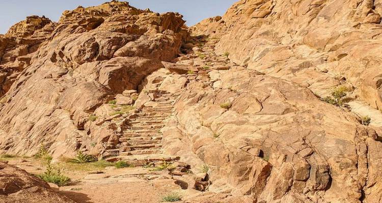 Escalera de piedra tallada en un paisaje rocoso.