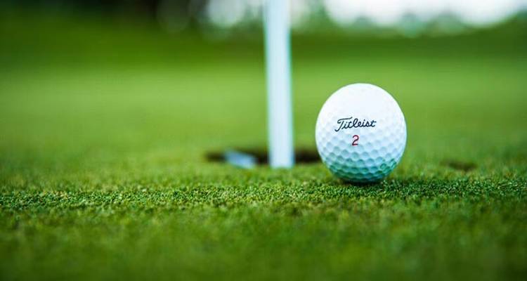 Golf ball close to the hole on a grassy green.