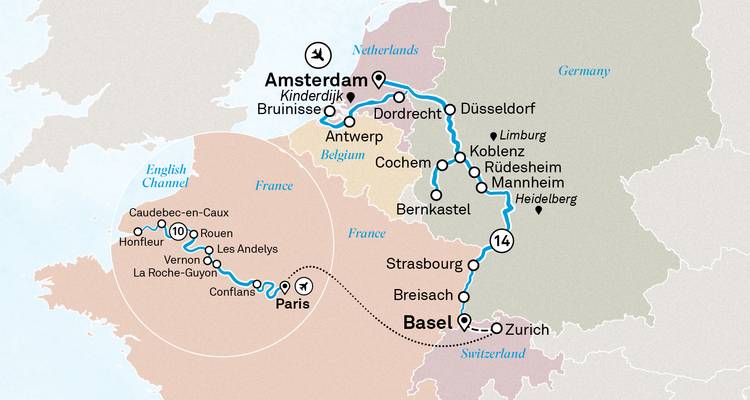 Illustrated route map of a cruise linking Amsterdam, Paris and Basel with destination stops.