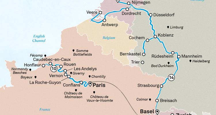 Map illustrating cruise route between Paris, Rouen, Antwerp and Basel regions.