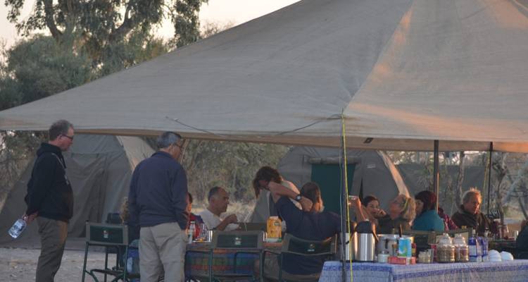 Groep mensen die onder een tent zitten met kampeer stoelen.