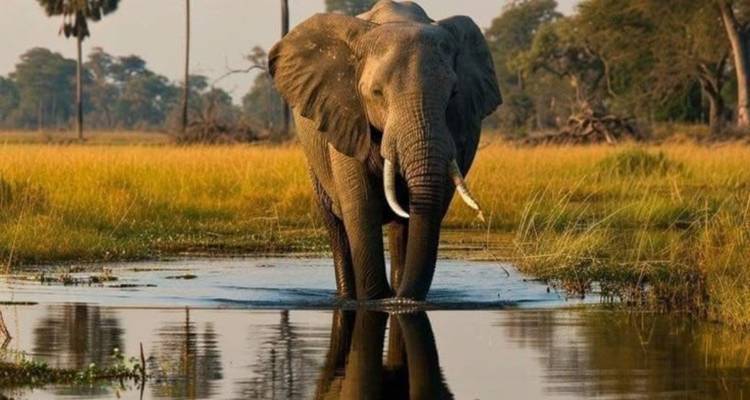 Olifant staand in een moeras met reflectie in het water.