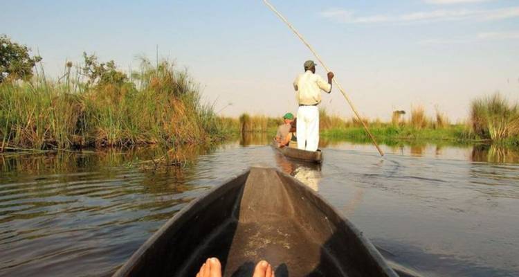 Mensen in een kano die door een waterweg peddelen.