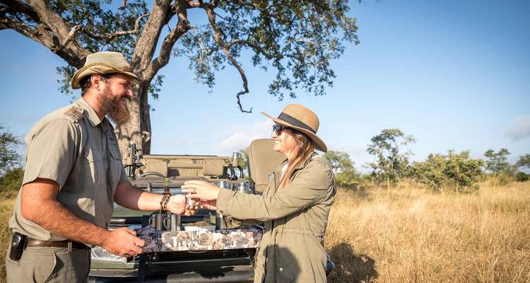 Two people exchanging an item near a safari vehicle.