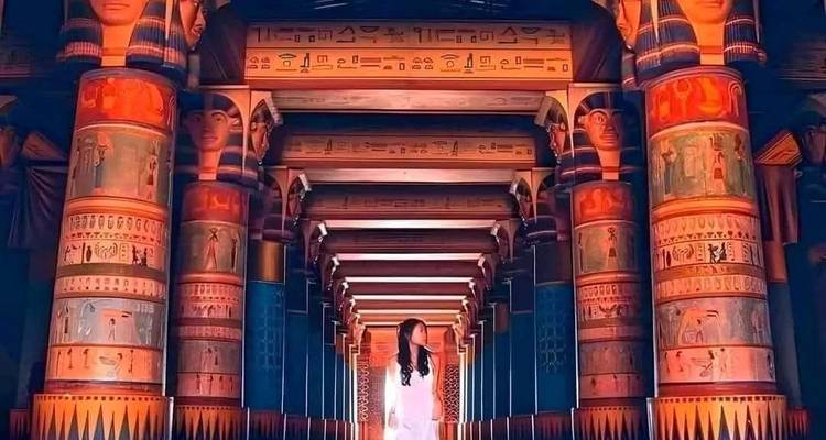 Person walking through an ornate hallway with colorful columns.