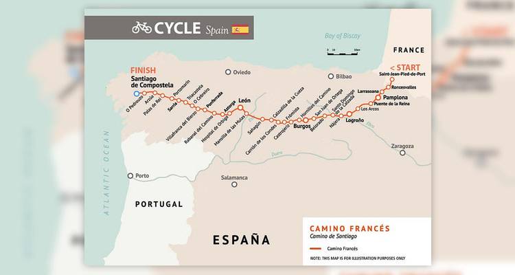 Mapa que muestra una ruta ciclista en España.