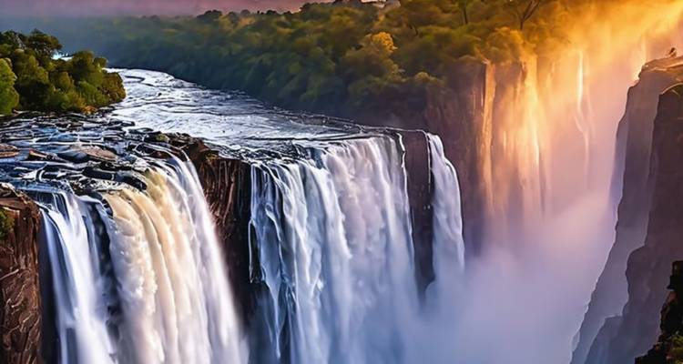Panoramablick auf die Victoriafälle mit Regenbogen.