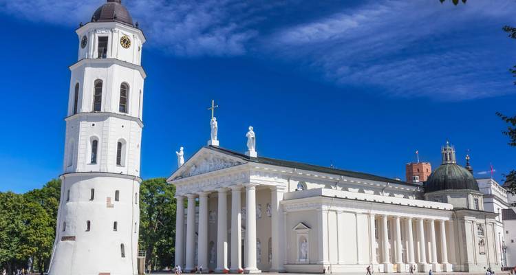 Plaza de la Catedral en Vilnius con el campanario y la catedral.