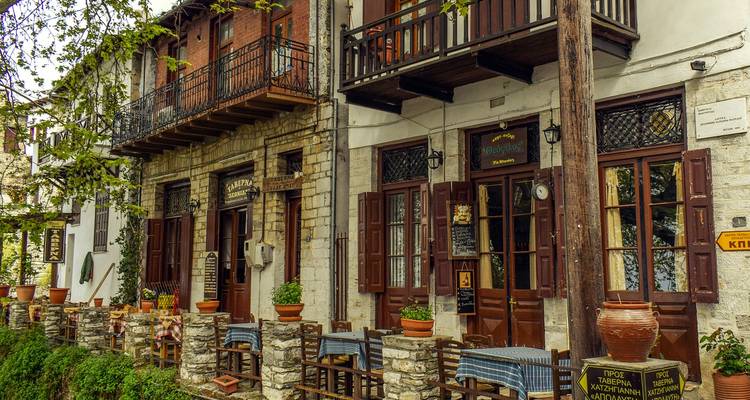 Traditional Greek taverns with street view.