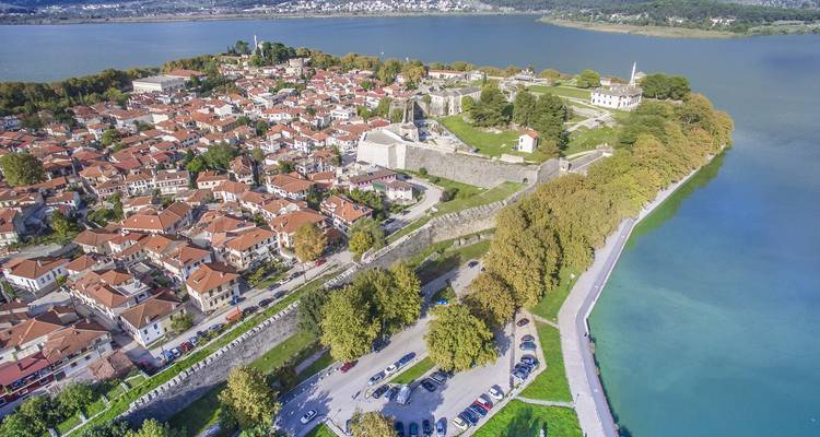 Aerial view of a historic town next to water.