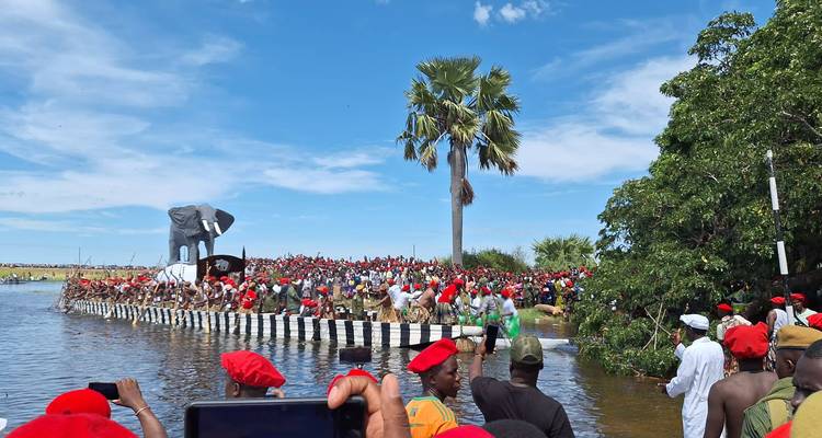 Rassemblement festif avec des personnes en tenue traditionnelle près d'un char décoré.