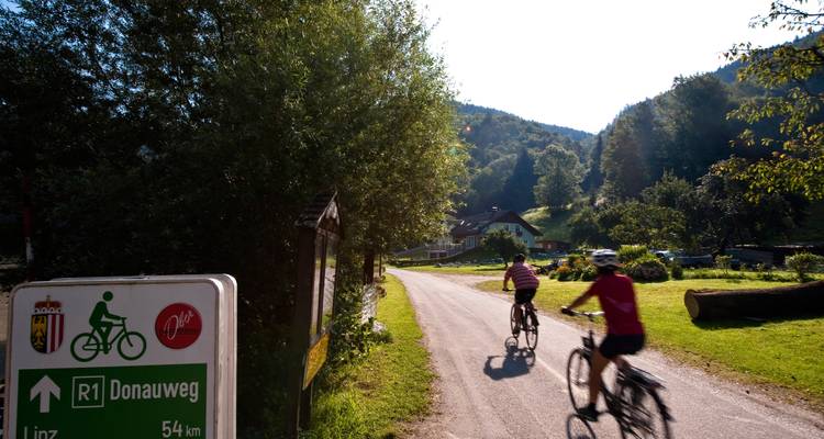Ciclistas circulando junto a una señal de Donauweg