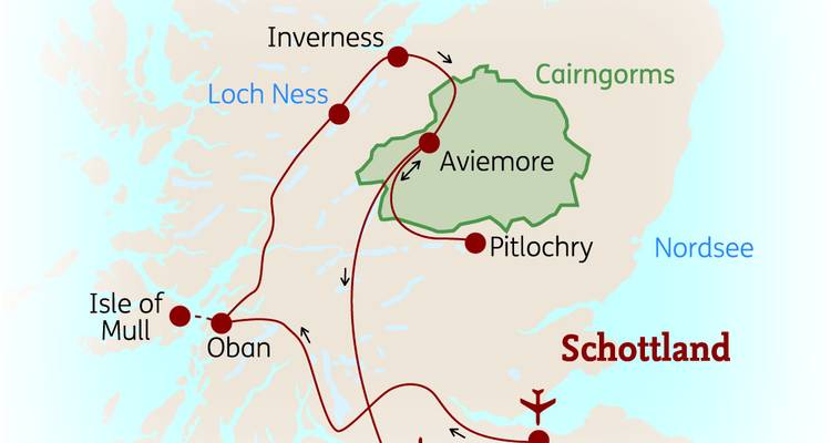Karte mit Standorten in Schottland, die verschiedene Orte verbindet.