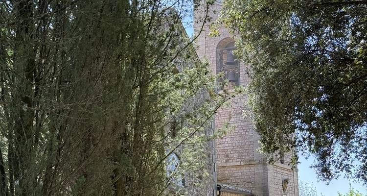 Torre de campana de piedra parcialmente oculta por árboles.