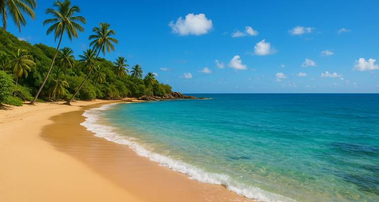 Una playa tropical idílica y vacía con arena dorada, palmeras inclinadas y agua turquesa cristalina que se extiende hasta el horizonte.