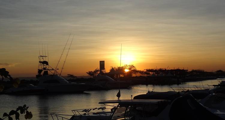 Siluetas al atardecer de yates amarrados in una marina tranquila con el sol resplandeciente bajo en el horizonte.