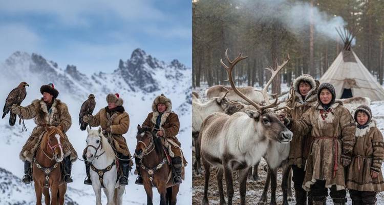Imagen compuesta que presenta nómadas con águilas y manada de renos.