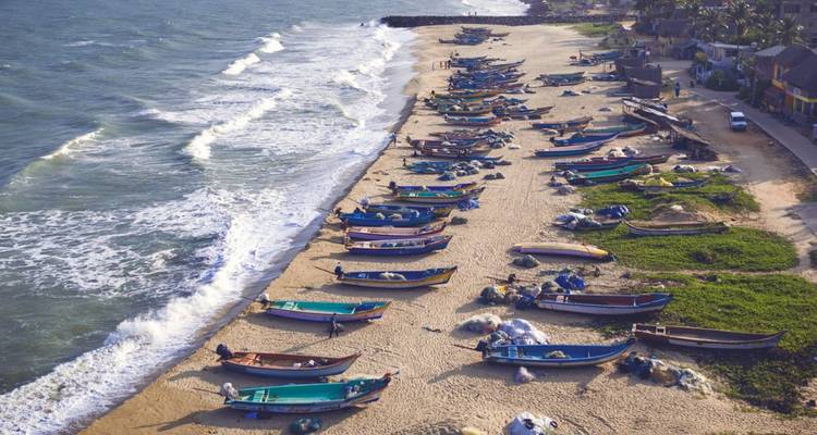 Des bateaux de pêche alignés sur une plage.
