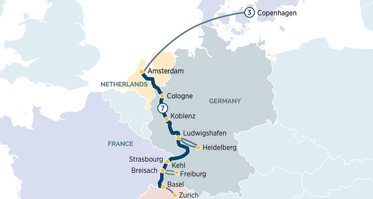 Mapa que muestra una ruta de viaje por Europa.