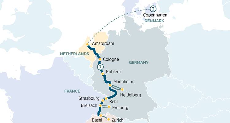 Mapa de ruta de crucero por el Rin desde Ámsterdam a través de Alemania hasta Basilea con extensión a Copenhague