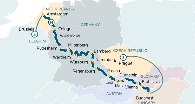 Donau und Rhein große Reiseroute Karte die Amsterdam mit Budapest verbindet mit Prag Erweiterung