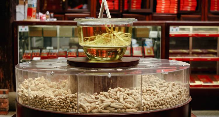 Présentation d'ingrédients à base de plantes dans un magasin traditionnel.