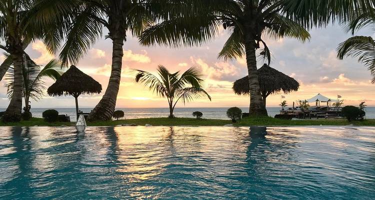 Vista del atardecer desde la piscina de un resort con palmeras y el océano de fondo.