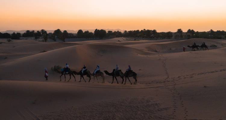 Una caravana de camellos cruzando dunas de arena al atardecer.