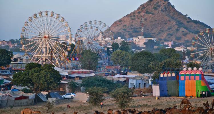 Pushkar-kermis met reuzenraden en heuvels op de achtergrond.