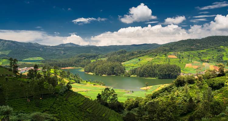 Vista panorámica de un lago rodeado de colinas verdes y exuberantes.
