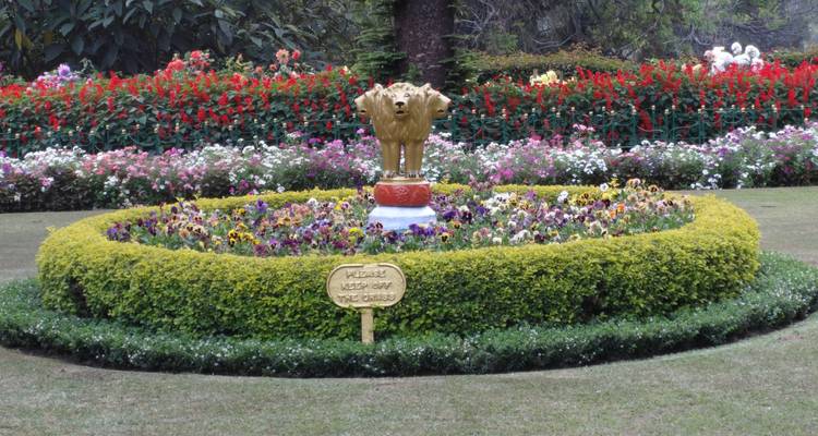 Exhibición de jardín colorida con una estatua de león.