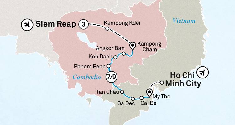 Carte d'un itinéraire de voyage entre le Cambodge et le Vietnam.