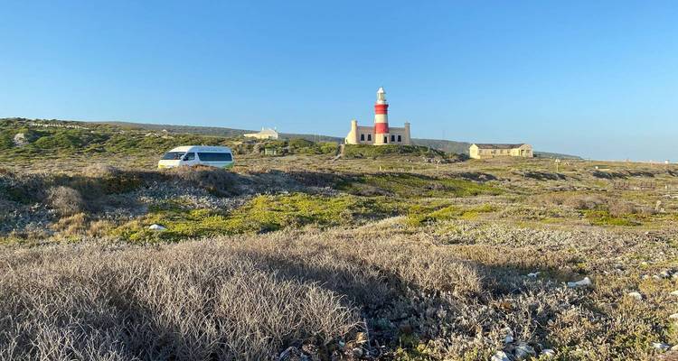 Ein rot-weißer Leuchtturm und ein kleiner Lieferwagen stehen in einer zerklüfteten Küstenebene unter klarem blauem Himmel.