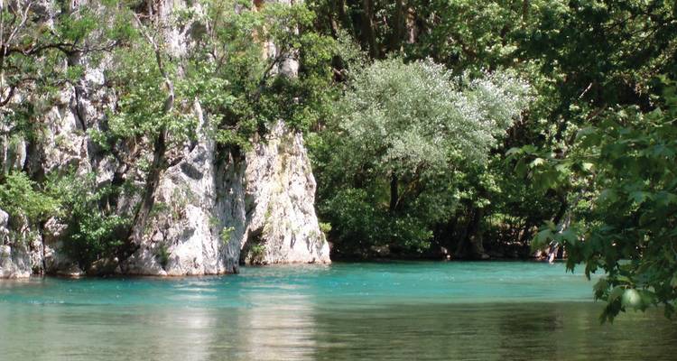 Río cristalino rodeado de vegetación exuberante.