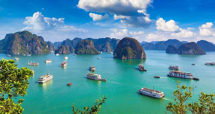 Vue imprenable sur la baie d'Halong avec des bateaux et des îlots rocheux.
