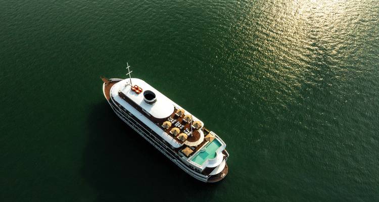 Vue aérienne d'un navire de croisière sur une étendue d'eau verte.