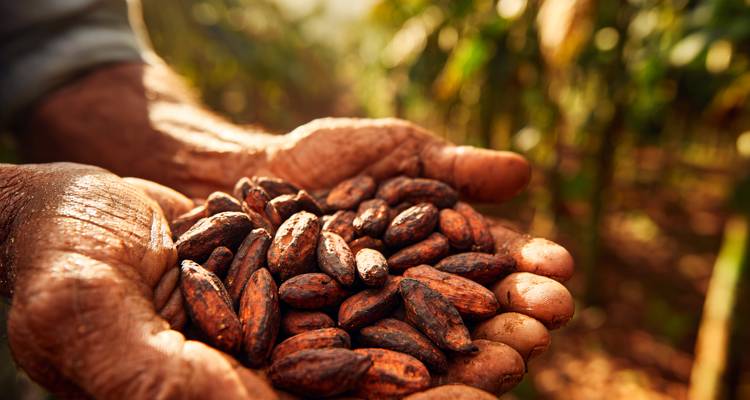 Close-up van handen die gedroogde cacaobonen buitenshuis vasthouden.