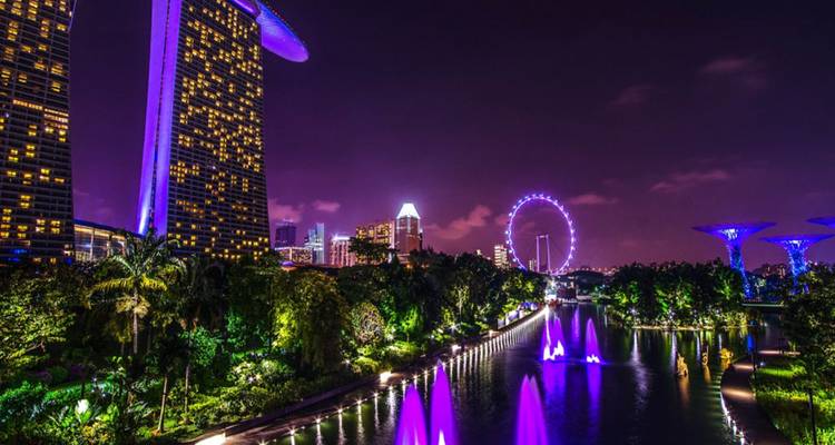Vista nocturna de Marina Bay Sands y la Noria de Singapur con fuentes iluminadas.