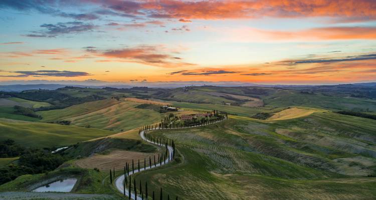 Collines ondulées en Toscane au coucher du soleil avec une route sinueuse bordée de cyprès.