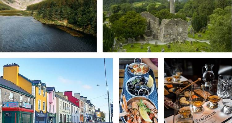 Collage de varios destinos de viaje incluyendo paisajes y comidas.