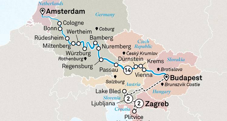 Mapa extendido que muestra un viaje fluvial y terrestre de Ámsterdam a Zagreb con múltiples paradas europeas.